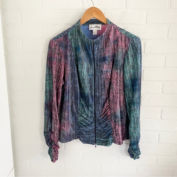 Joseph Ribkoff Cyber Ruched Jacket Liquid Metal Effect Sz L - Picture 3 of 13